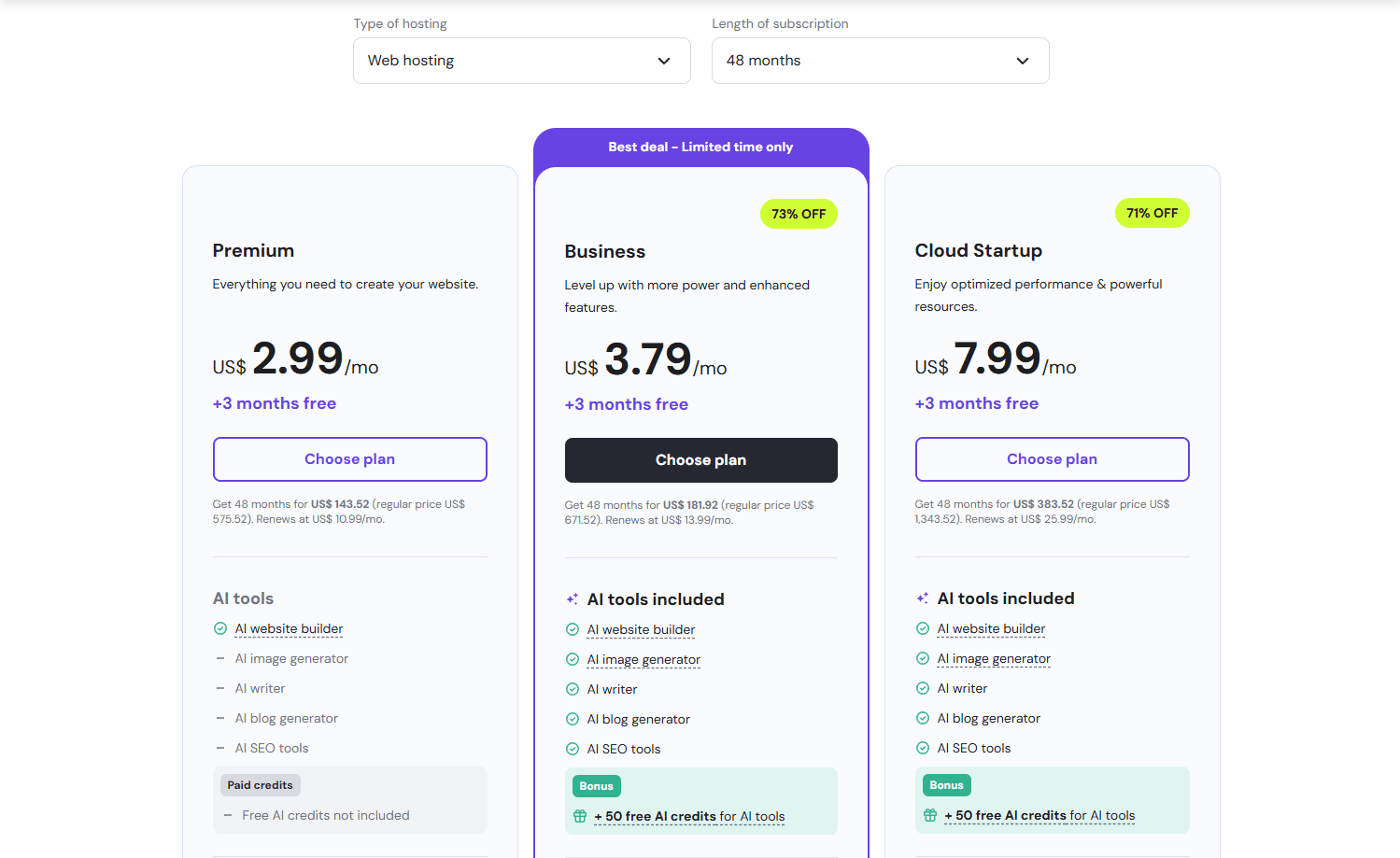Hostinger hosting review – Screenshot of the Hostinger Pricing plan based on a 48/month discount subscription.