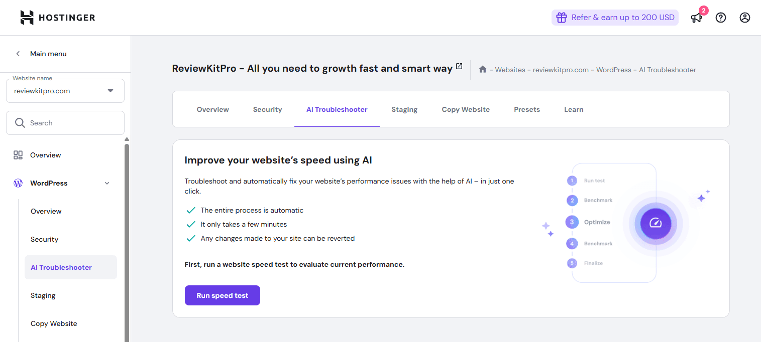 Hostinger hosting review - Hostinger hPanel - WordPress AI Troubleshooter