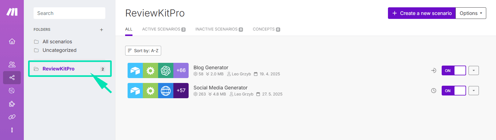make.com automation - productivity tool - Scenarios Tab