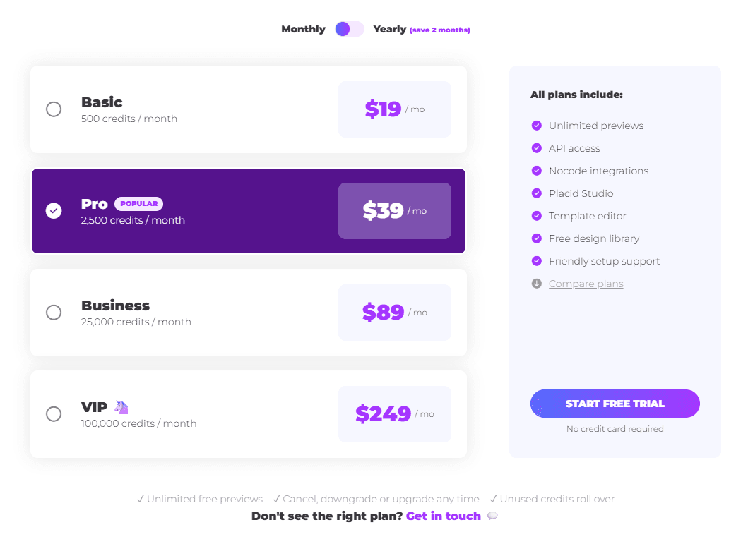 PlacidApp - social media automation - Pricing Table
